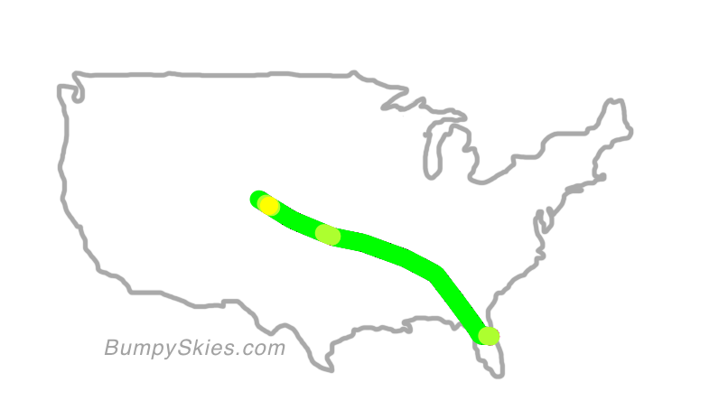 Map of continental US with illustrated flight path and turbulence forecast (described in text below)