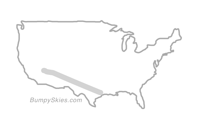 Map of continental US with illustrated flight path and turbulence forecast (described in text below)