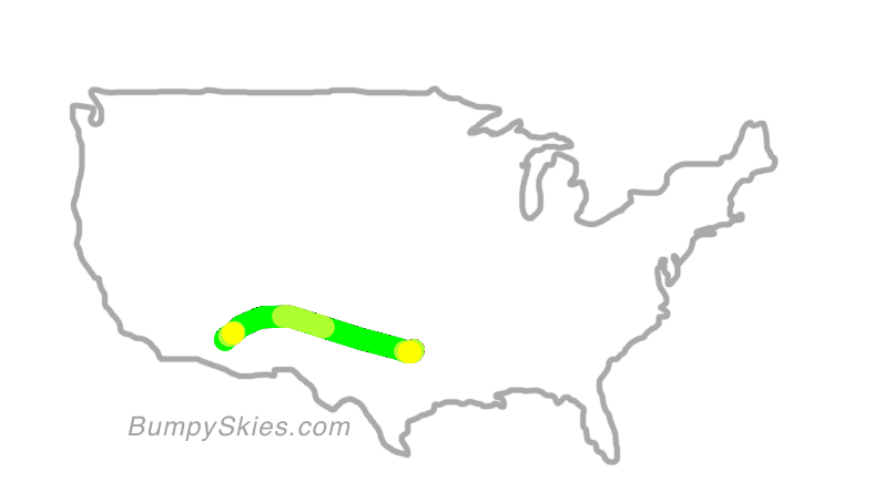 Map of continental US with illustrated flight path and turbulence forecast (described in text below)
