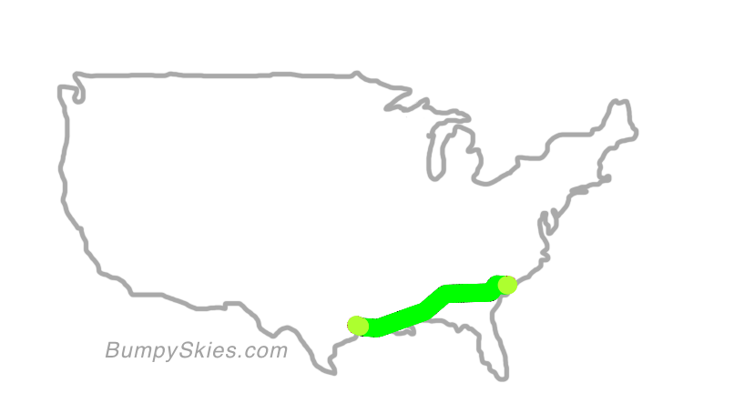 Map of continental US with illustrated flight path and turbulence forecast (described in text below)