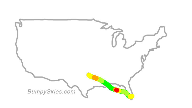 Map of continental US with illustrated flight path and turbulence forecast (described in text below)