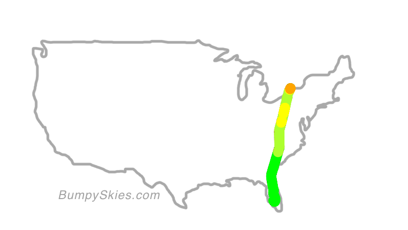 Map of continental US with illustrated flight path and turbulence forecast (described in text below)