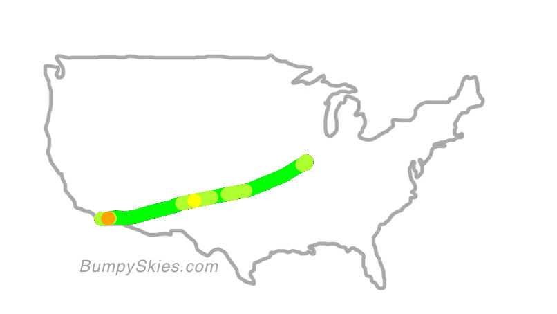 Map of continental US with illustrated flight path and turbulence forecast (described in text below)