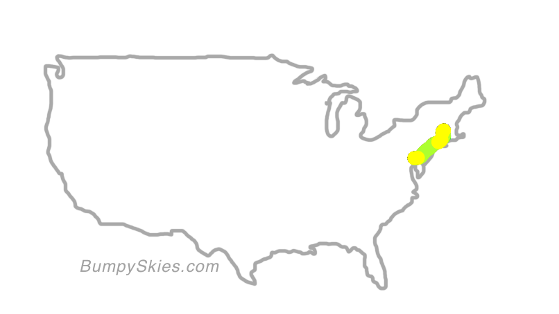 Map of continental US with illustrated flight path and turbulence forecast (described in text below)