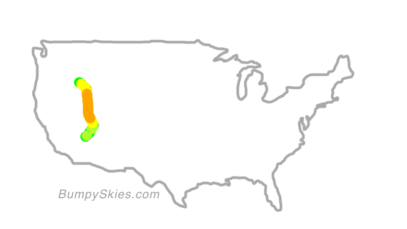 Map of continental US with illustrated flight path and turbulence forecast (described in text below)
