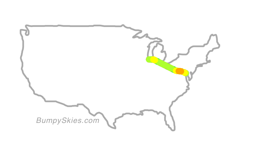 Map of continental US with illustrated flight path and turbulence forecast (described in text below)