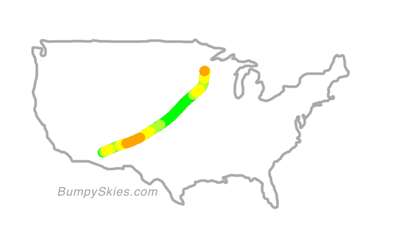 Map of continental US with illustrated flight path and turbulence forecast (described in text below)