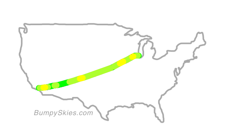 Map of continental US with illustrated flight path and turbulence forecast (described in text below)
