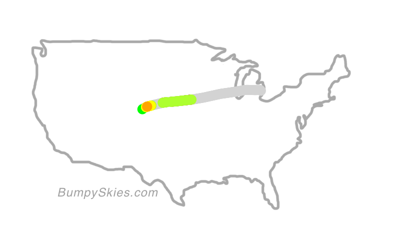 Map of continental US with illustrated flight path and turbulence forecast (described in text below)