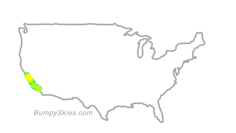 Map of continental US with illustrated flight path and turbulence forecast (described in text below)