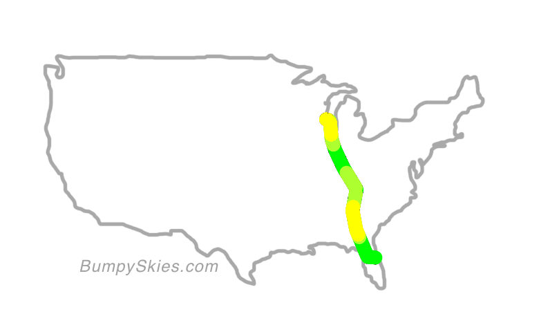 Map of continental US with illustrated flight path and turbulence forecast (described in text below)