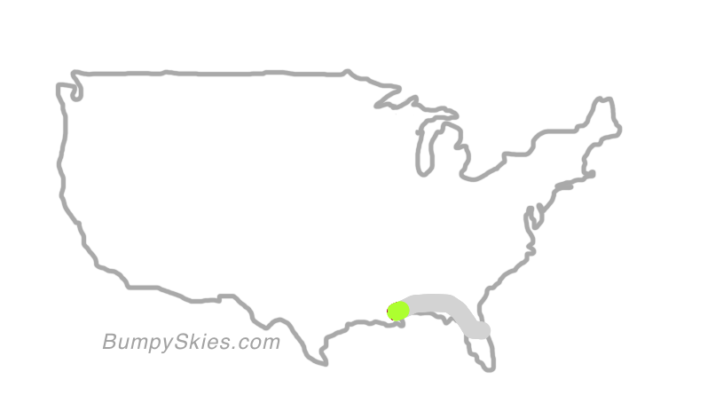 Map of continental US with illustrated flight path and turbulence forecast (described in text below)