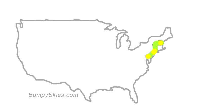 Map of continental US with illustrated flight path and turbulence forecast (described in text below)