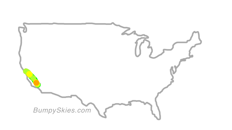 Map of continental US with illustrated flight path and turbulence forecast (described in text below)