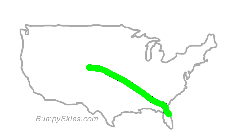 Map of continental US with illustrated flight path and turbulence forecast (described in text below)