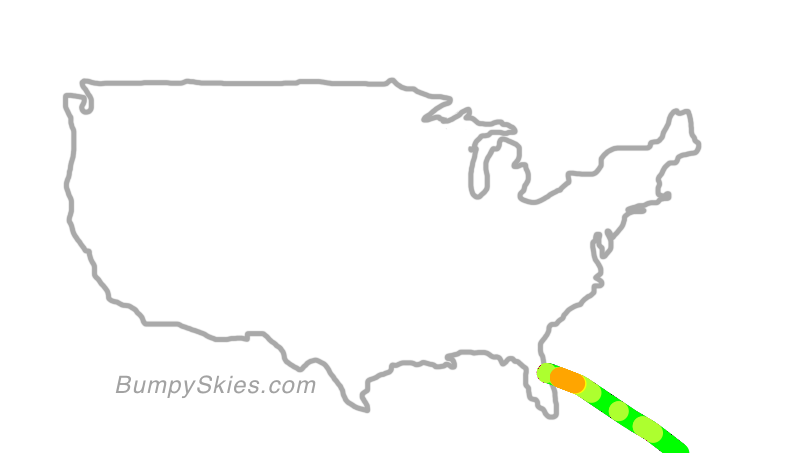 Map of continental US with illustrated flight path and turbulence forecast (described in text below)
