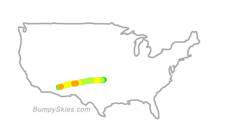 Map of continental US with illustrated flight path and turbulence forecast (described in text below)