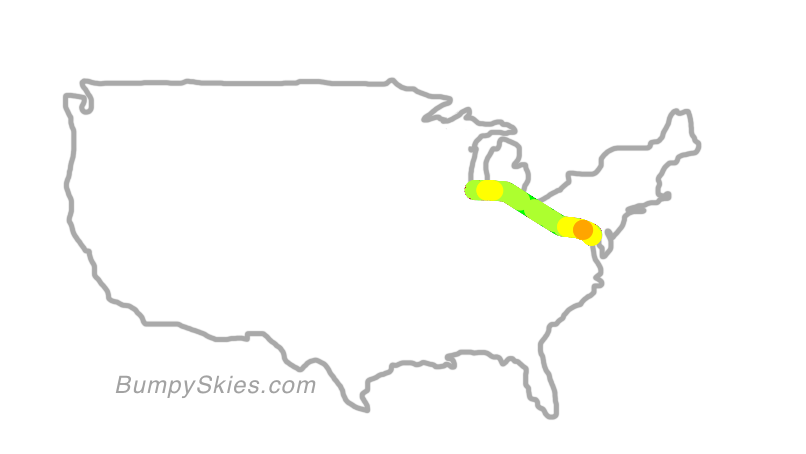 Map of continental US with illustrated flight path and turbulence forecast (described in text below)