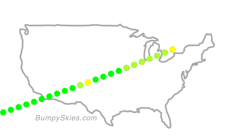 Map of continental US with illustrated flight path and turbulence forecast (described in text below)