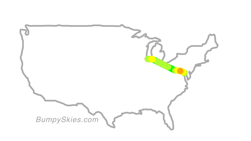 Map of continental US with illustrated flight path and turbulence forecast (described in text below)
