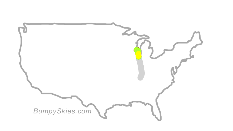 Map of continental US with illustrated flight path and turbulence forecast (described in text below)