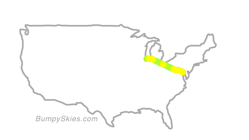 Map of continental US with illustrated flight path and turbulence forecast (described in text below)