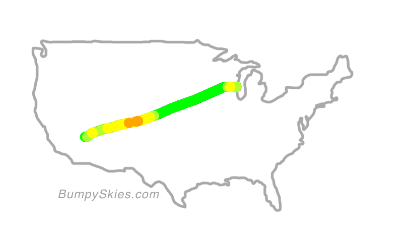 Map of continental US with illustrated flight path and turbulence forecast (described in text below)