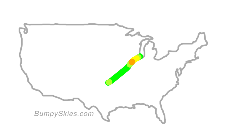 Map of continental US with illustrated flight path and turbulence forecast (described in text below)