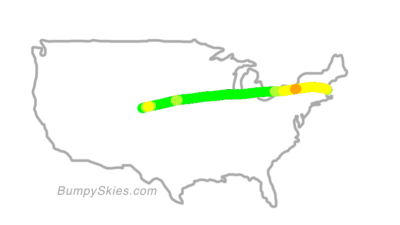 Map of continental US with illustrated flight path and turbulence forecast (described in text below)