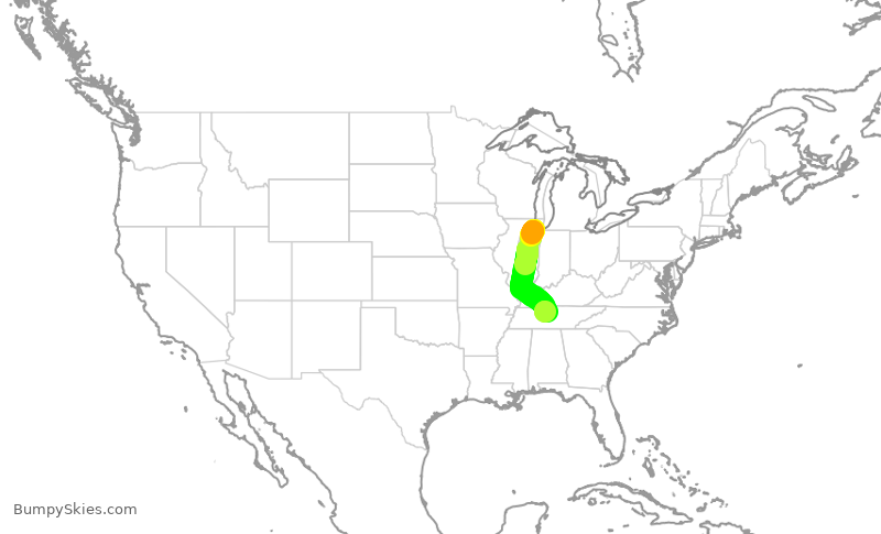 Turbulence forecast map for SWA2676, MDW to BNA