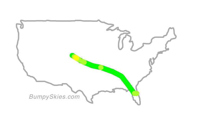 Map of continental US with illustrated flight path and turbulence forecast (described in text below)
