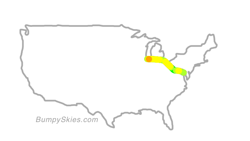Map of continental US with illustrated flight path and turbulence forecast (described in text below)