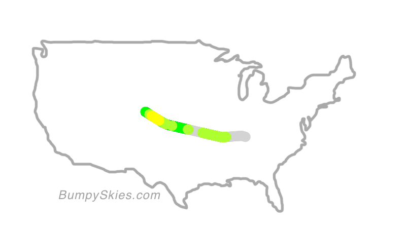 Map of continental US with illustrated flight path and turbulence forecast (described in text below)