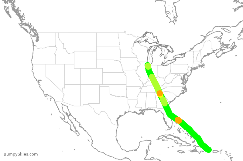 Turbulence forecast map for SWA2692, MDW to PUJ