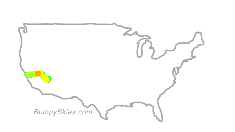 Map of continental US with illustrated flight path and turbulence forecast (described in text below)