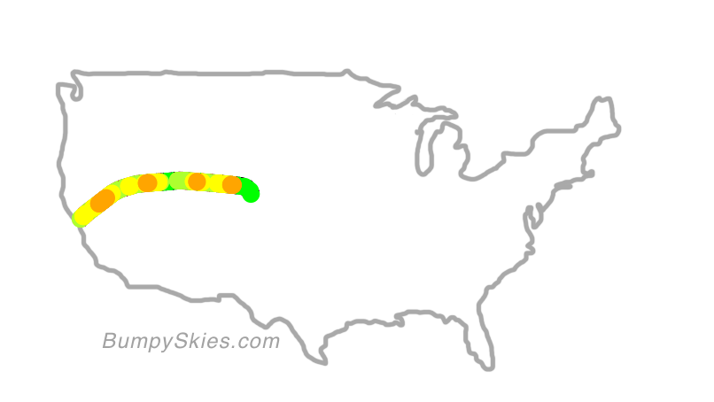 Map of continental US with illustrated flight path and turbulence forecast (described in text below)