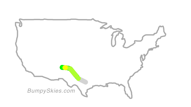 Map of continental US with illustrated flight path and turbulence forecast (described in text below)
