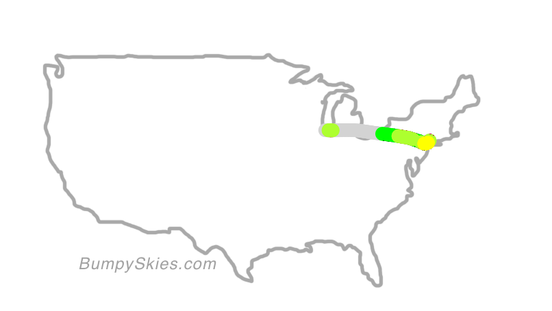 Map of continental US with illustrated flight path and turbulence forecast (described in text below)