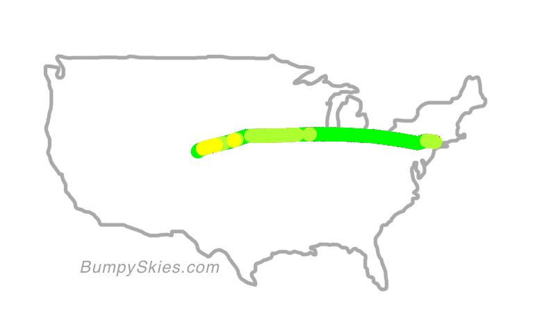 Map of continental US with illustrated flight path and turbulence forecast (described in text below)