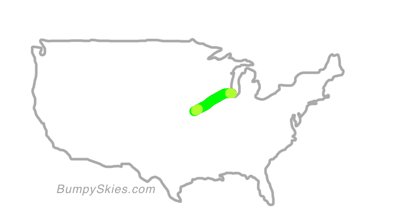Map of continental US with illustrated flight path and turbulence forecast (described in text below)