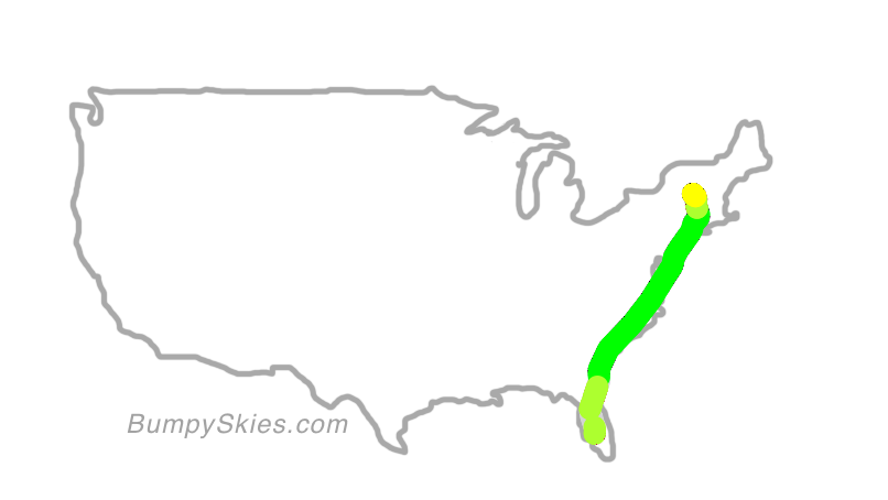 Map of continental US with illustrated flight path and turbulence forecast (described in text below)