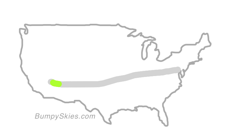 Map of continental US with illustrated flight path and turbulence forecast (described in text below)