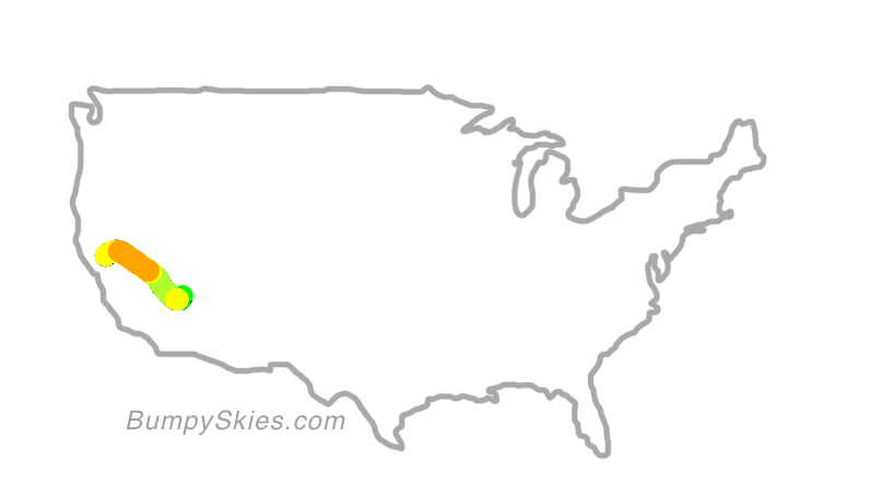 Map of continental US with illustrated flight path and turbulence forecast (described in text below)