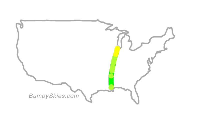 Map of continental US with illustrated flight path and turbulence forecast (described in text below)