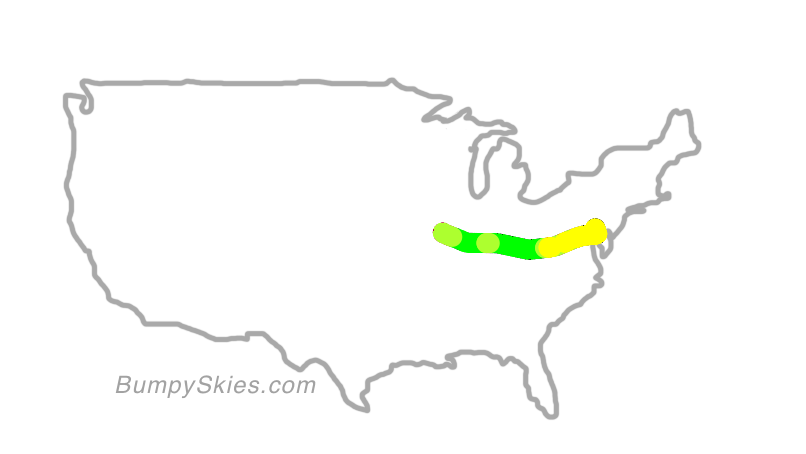 Map of continental US with illustrated flight path and turbulence forecast (described in text below)