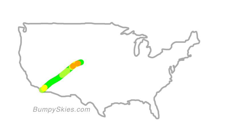 Map of continental US with illustrated flight path and turbulence forecast (described in text below)