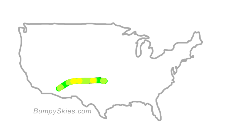 Map of continental US with illustrated flight path and turbulence forecast (described in text below)