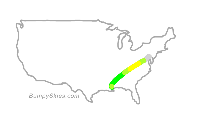 Map of continental US with illustrated flight path and turbulence forecast (described in text below)
