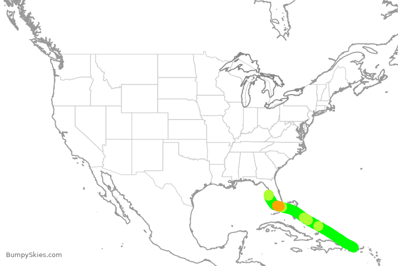 Turbulence forecast map for SWA2760, TPA to SJU