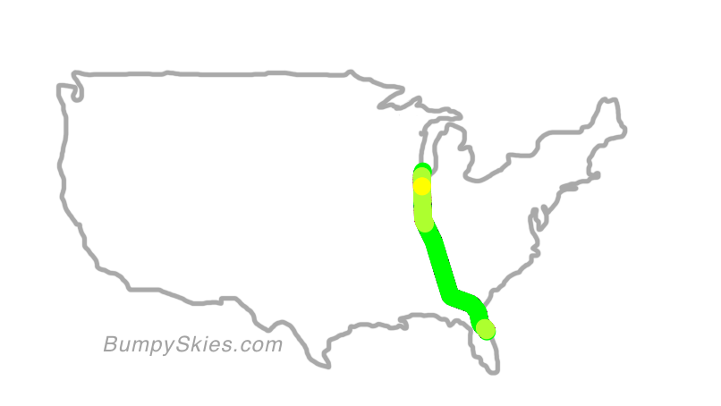 Map of continental US with illustrated flight path and turbulence forecast (described in text below)